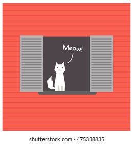 Cat Sitting On A Window Saying Meow (Line Art in Flat Style Vector Illustration Design)