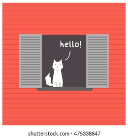 Cat Sitting On A Window Saying Hello (Line Art in Flat Style Vector Illustration Design)