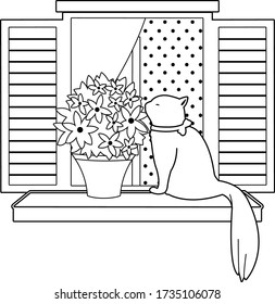 A cat sitting on a window sill next to a flower pot and smelling the flowers in springtime. Vector black and white coloring page.