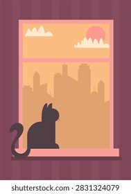 Cat Sitting on Window Sill Overlooking Cityscape