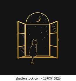 Cat sitting on the window. Vector illustration