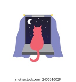 Cat sitting on the window. Vector illustration. with starry sky and crescent moon.