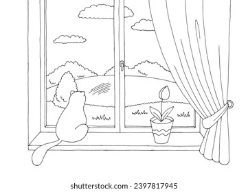 Cat sitting on the windowsill graphic black white sketch illustration vector 