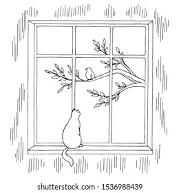 Cat Sitting On The Windowsill And Looking At A Bird On A Branch Graphic Black White Sketch Illustration Vector