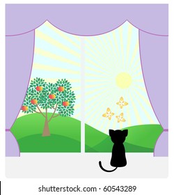 Cat sitting on the windowsill and looking at the yard. There grow  an  apple tree.