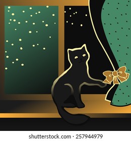 Cat sitting on a windowsill and plays a ton bow of curtains.