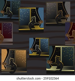 Cat sitting on a windowsill and plays a ton bow of curtains. Hand drawn seamless pattern.