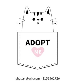 Cat sitting in the pocket. Adopt me. Pink heart. Cute cartoon animals. Kitten kitty character. Dash line. Pet animal collection. T-shirt design Baby background Isolated Flat design Vector illustration