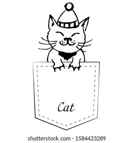 A cat sitting in a pocket in a hat with a pompom. Vector illustration hand drawn isolated on white background for design and web.