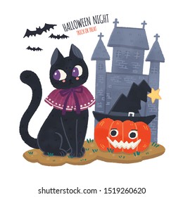 Cat sitting and pumpkin in witch Halloween costume dark castle background