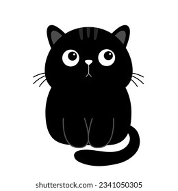 Cat sitting. Sad face head silhouette icon. Funny kawaii doodle animal. Cute cartoon funny baby pet character. Ear, eye, tail. Black sticker print. Flat design. White background. Vector illustration