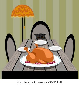 the cat is sitting at the table