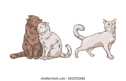 Cat Sitting Together and Walking Isolated on White Background Vector Set