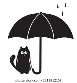 cat sitting under an umbrella, stencil icon, vector isolated illustration