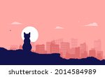 Cat sitting and watching city skyline - Calm animal on hilltop contemplating and relaxing. Cat life concept, vector illustration