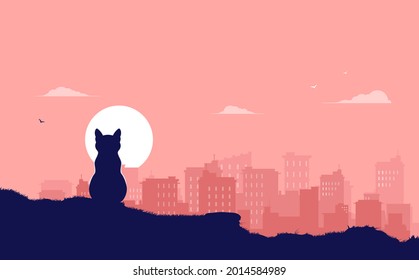 Cat sitting and watching city skyline - Calm animal on hilltop contemplating and relaxing. Cat life concept, vector illustration