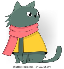 cat sitting wearing winter scarf, cartoon illustration of a well groomed pet