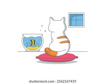 Cat sitting while looking fish in aquarium, animals being friends at home. Character design. Vector flat illustration