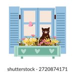 Cat Sitting in Window Flower Box with Butterfly. Cozy spring home scene with resting cat. Flat vector illustration.