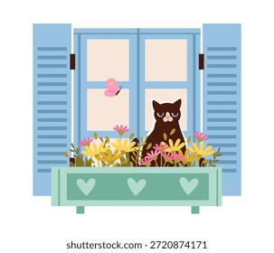 Gato sentado en la ventana de la caja de flores con mariposa. Escena acogedora de la primavera con el gato que descansa. Ilustración vectorial plana.