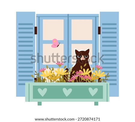 Cat Sitting in Window Flower Box with Butterfly. Cozy spring home scene with resting cat. Flat vector illustration.