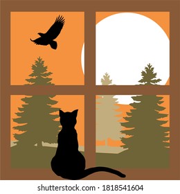 Cat sitting window landscape vector illustration. 