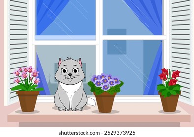 Cat Sitting In Window Vector, Open window, fat cat, flower pots, outside window Vector