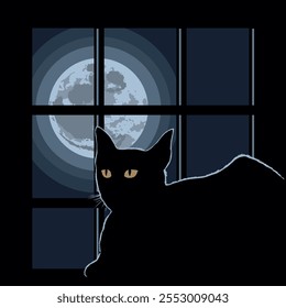 Un gato sentado en la ventana con la vista de la luna llena