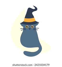 Cat is sitting in witch hat. Cute gray kitten wizard. Magical feline animal. Kawaii Character for Halloween. Magic equipment. Tail and mustache. Isolated. Flat style. Color image. Vector illustration