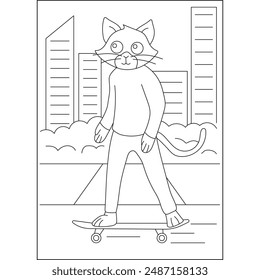 cat skate funny coloring book page for kids or grown adults coloring book mindful relaxation activity