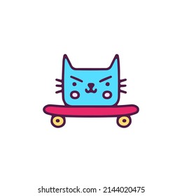 Cat and skateboard, illustration for t-shirt, sticker, or apparel merchandise. With doodle, retro, and cartoon style.