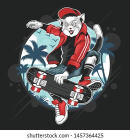 CAT SKATEBOARD POP PUNK POP ARTWORK WITH HAT AND JACKET VECTOR EPS FOR TSHIRT AND ELEMENT