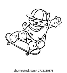 The cat is a skateboarder. Black and white vector illustration. Isolated on a white background.