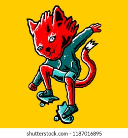 Cat. Skater. Cartoon cat with broken skateboard on yellow background isolated. Stock Vector Illustration.