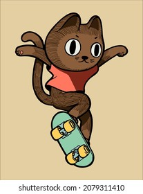 Cat Skater. Cute cat character doing trick on skateboard isolated summer sports pet character vector illustration