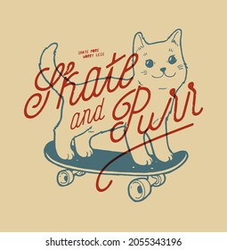 Patinador de gatos. Skate y Purr. Caracter de gatito lindo en skateboard tipografía vintage estampado de camisetas.