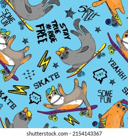 Cat skaters pattern. Cool hand drawn cat on skate background Seamless bright  pattern for T-shirts, textiles, clothes, sports, and more