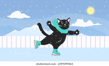 Cat skates on skates. Skating rink in winter. Cat on the snow