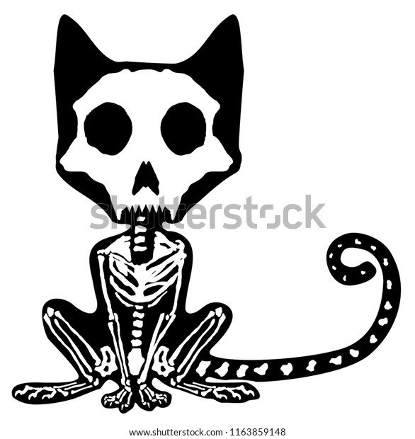 猫の骸骨動物の姿 ハロウィーンのベクターイラスト 水平 黒いシルエットの内側 分離型 のベクター画像素材 ロイヤリティフリー