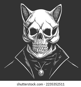 cat skeleton black and white, hand drawn vector picture
