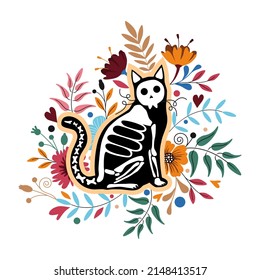 The cat is a skeleton. Celebrating Halloween and Mexican Day of All the Dead. Silhouette of a black cat with bones surrounded by flowers and twigs with leaves. Vector illustration.