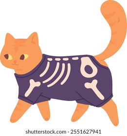 Cat in skeleton costume. Halloween pet color character isolated on white background