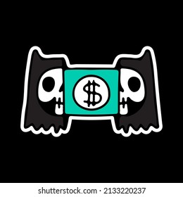 Cat skeleton head with dollar inside, illustration for t-shirt, street wear, sticker, or apparel merchandise. With doodle, retro, and cartoon style.