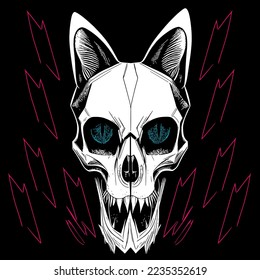 cat skeleton image black and white, hand drawn vector picture
