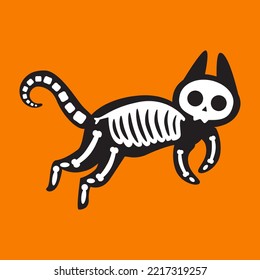 Cat skeleton jumping on halloween party vector. Domestic animal skeletal system, skull and tail, paw and spine in gothic style. Mystic holiday stylish decoration flat cartoon illustration