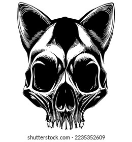 cat skeleton shirt print black and white, hand drawn vector picture
