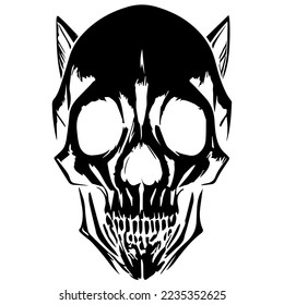 Cat skeleton for t shirt print black and white, hand drawn vector picture
