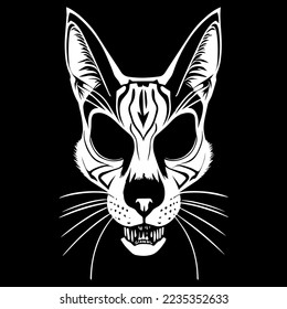 Cat skeleton for t shirt print black and white, hand drawn vector picture
