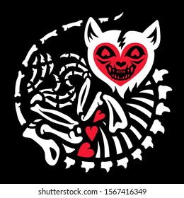 Cat skeleton with valentines. Cat in love. Unusual greeting card for Valentines day or Halloween. Great for t-shirt, tattoo and more.