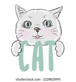 Cat sketch vector illustration, print design, children print on t-shirt girl or boy, illustration with text Cat.